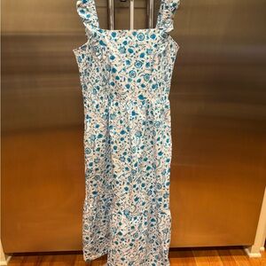 Draper James Blue Floral White Midi Dress with Ruffle Straps